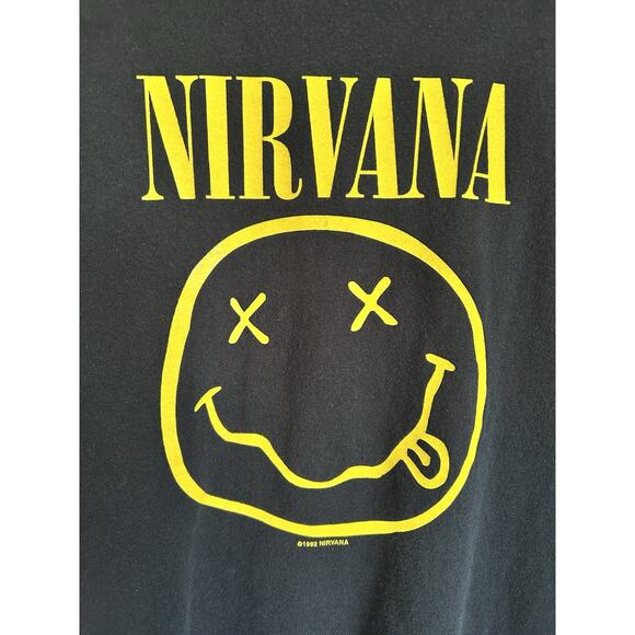Vintage 90s Nirvana 1992 Smiley T-Shirt Yellow Black 2-sided Grunge Kobain L/XL - Picture 3 of 7